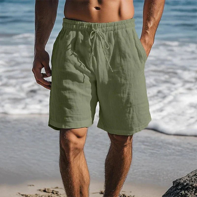 Men's Black Linen Quick-Dry Drawstring Swim Shorts - Dark Green