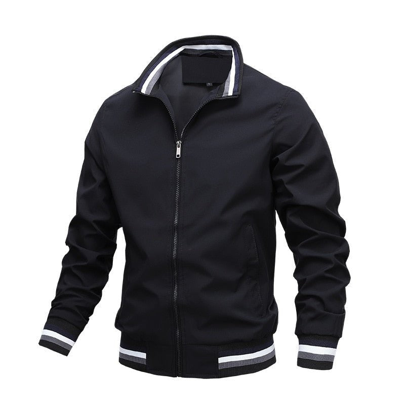 Men's Bomber Jacket Zip Up Ribbed Trim Classic Fit - Black