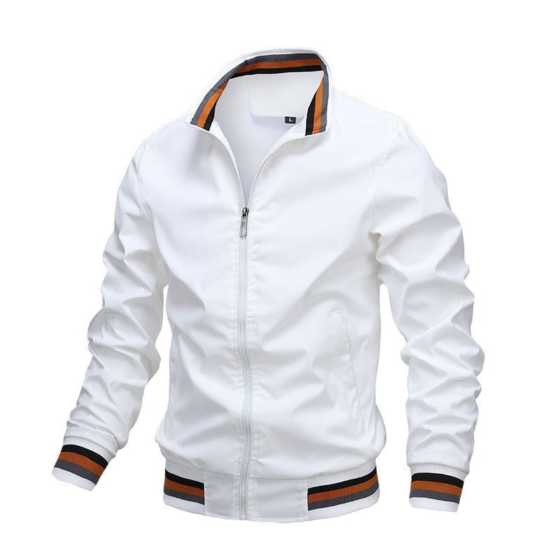 Men's Bomber Jacket Zip Up Ribbed Trim Classic Fit - White
