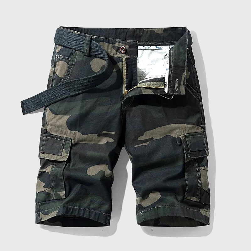 Men's Camouflage Multi-Pocket Belted Cargo Shorts - Black