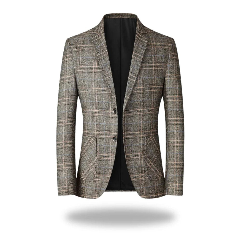 Men's Check Blazer Tailored Fit Premium Cotton Blend - Khaki