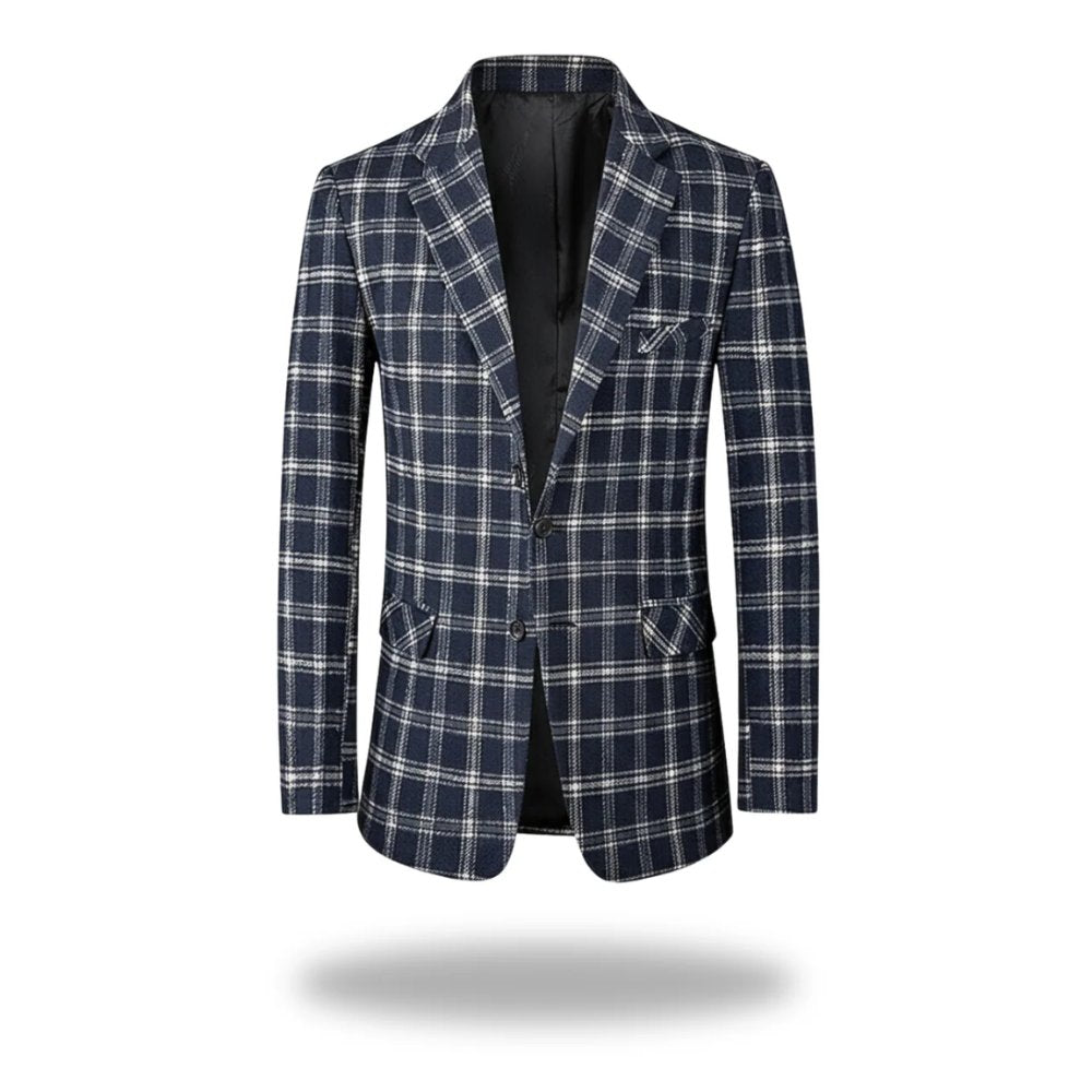 Men's Checked Blazer Tailored Fit Cotton Blend - Navy Blue
