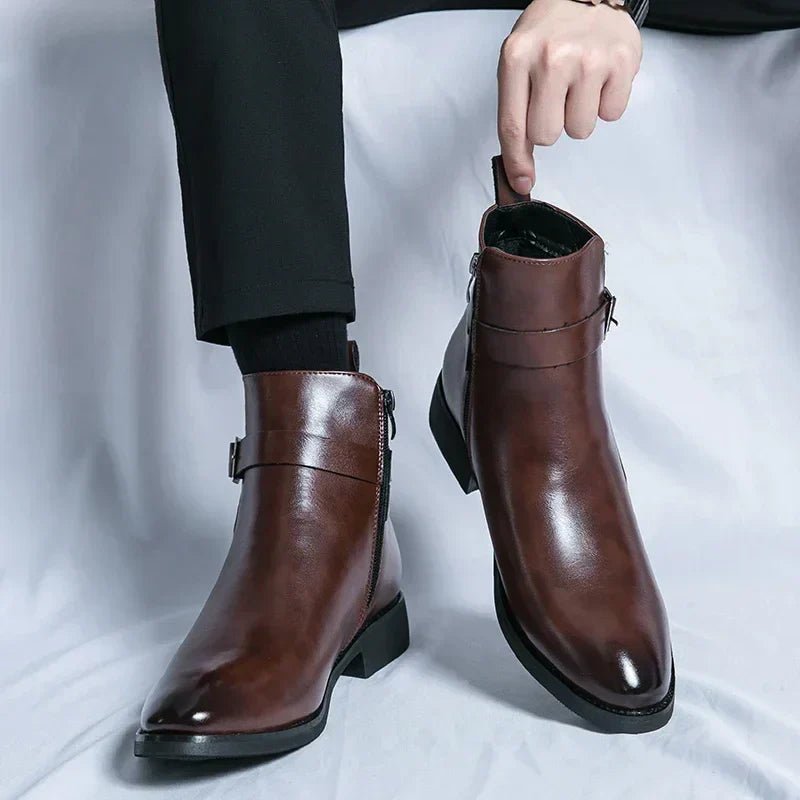 Men's Chelsea Boots Side Zipper Brown Leather Ankle - Brown