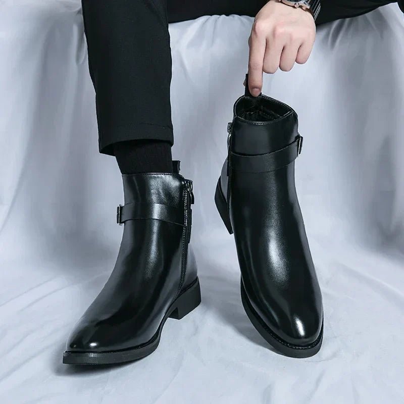 Men's Chelsea Boots Side Zipper Brown Leather Ankle - Black