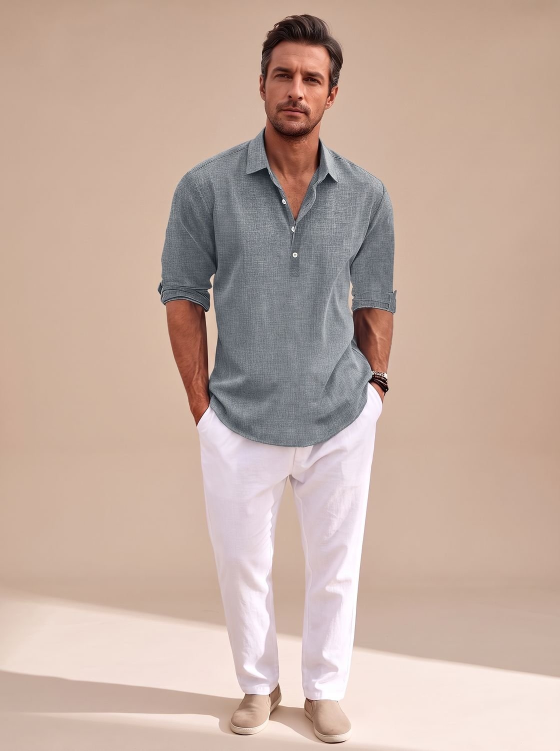 Men's Classic-Fit Long-Sleeve Linen Henley Polo Shirt - Grey