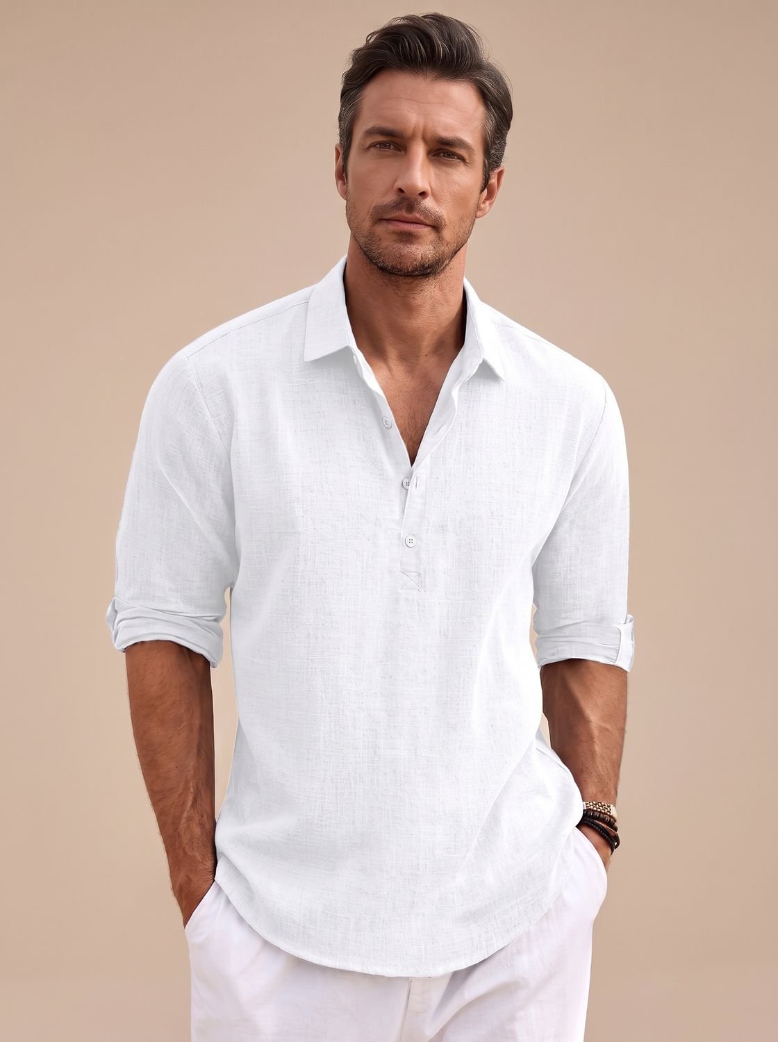 Men's Classic-Fit Long-Sleeve Linen Henley Polo Shirt - White