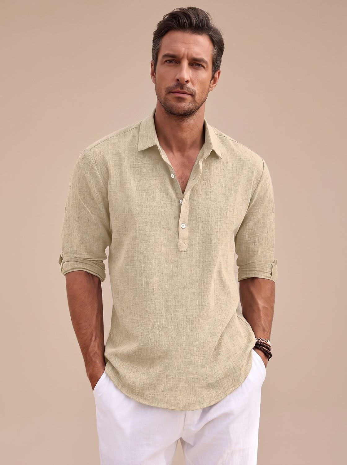 Men's Classic-Fit Long-Sleeve Linen Henley Polo Shirt - Beige