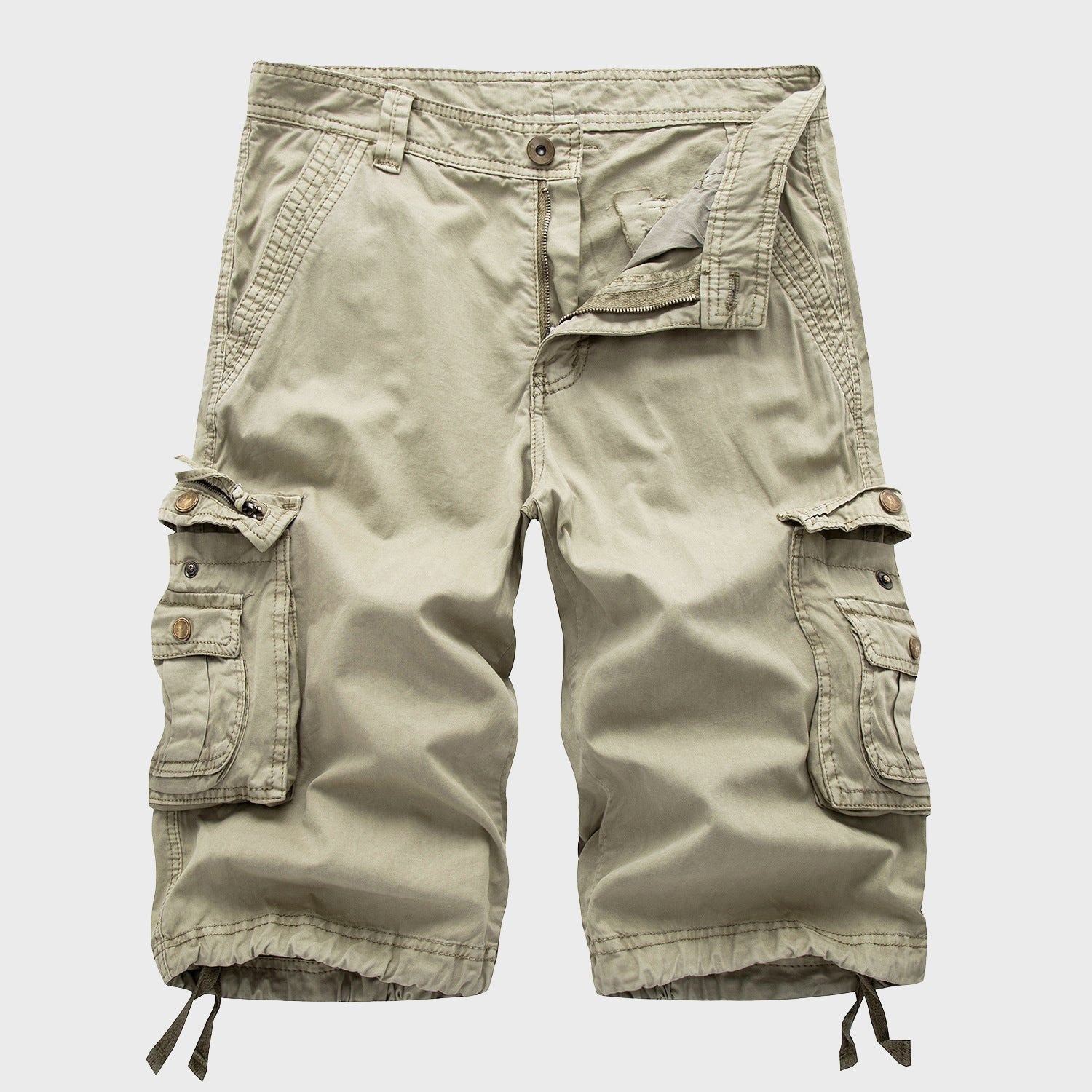 Men's Cotton Blend Multi-Pocket Drawstring Cargo Shorts - Beige