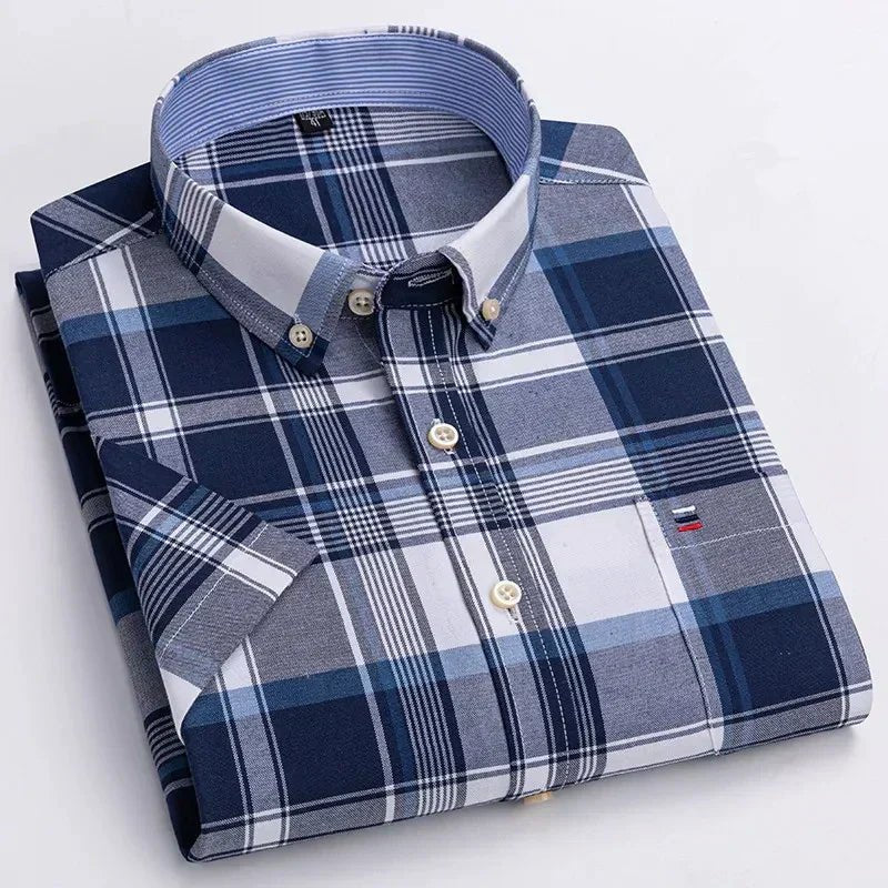 Men's Cotton Button-Up Shirt Striped Short Sleeve - Navy blue