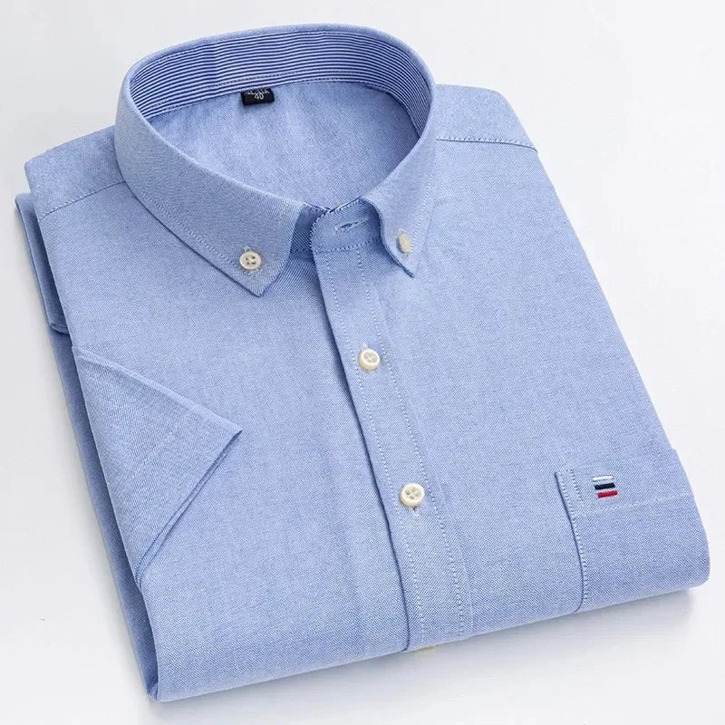 Men's Cotton Button-Up Shirt Striped Short Sleeve - Light Blue