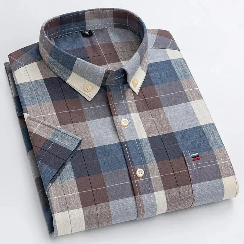 Men's Cotton Button-Up Shirt Striped Short Sleeve - Brown