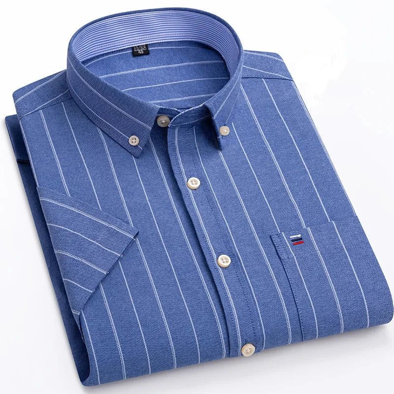 Men's Cotton Button-Up Shirt Striped Short Sleeve
