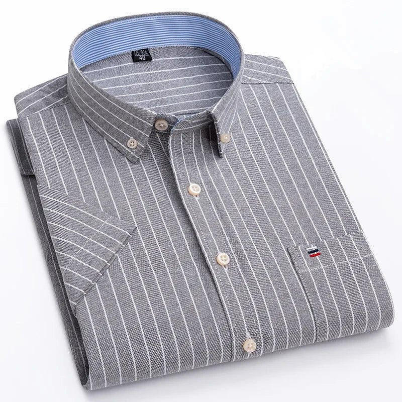 Men's Cotton Button-Up Shirt Striped Short Sleeve - Light gray