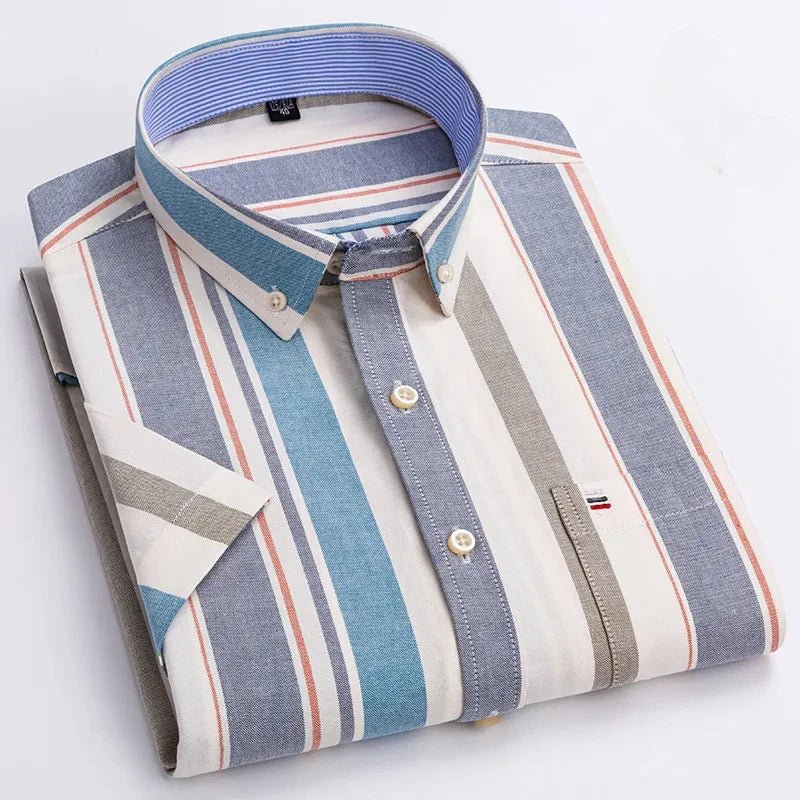 Men's Cotton Button-Up Shirt Striped Short Sleeve - Beige