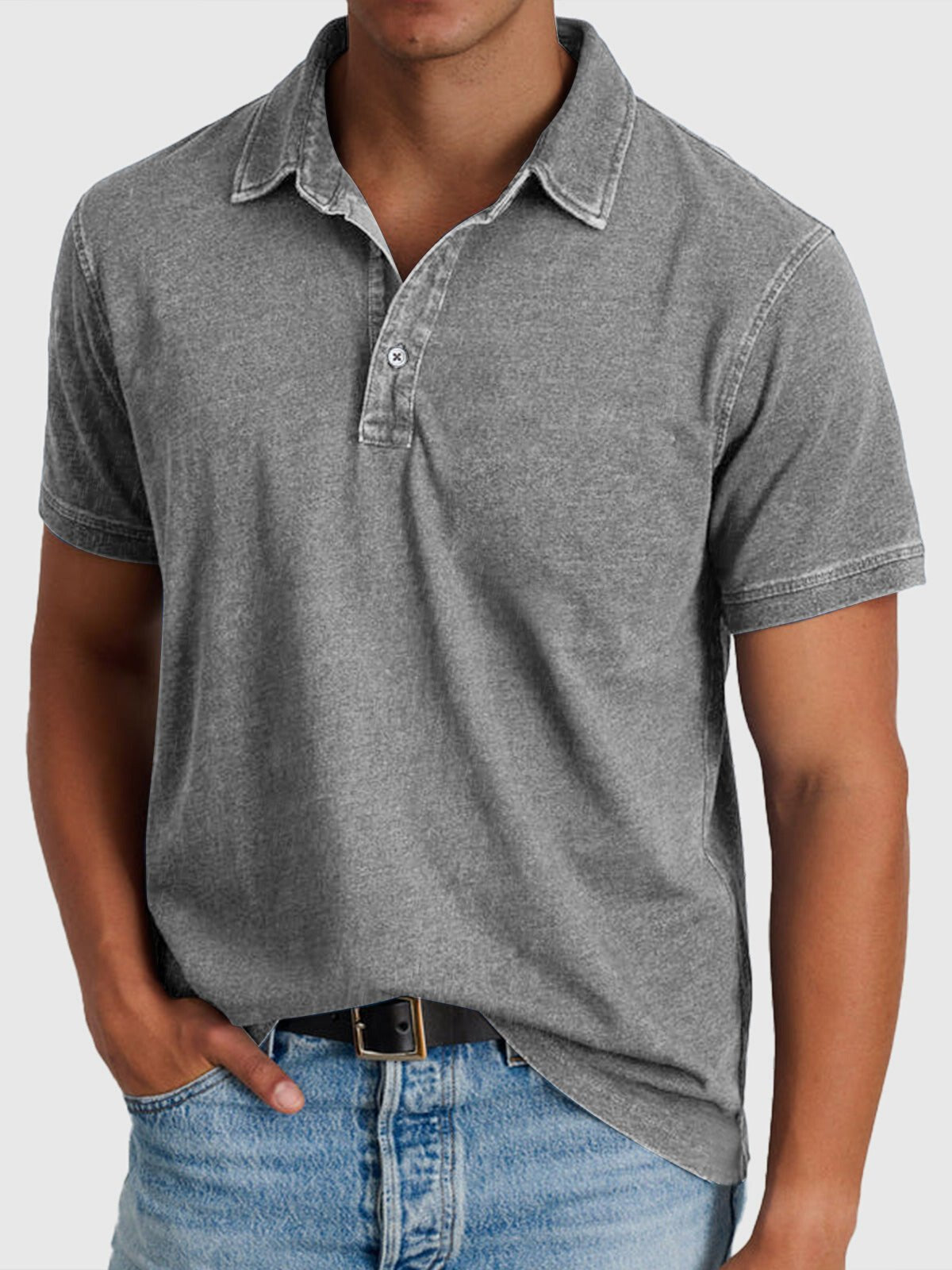 Men's Cotton-Denim Short Sleeve Regular-Fit Polo - Gray