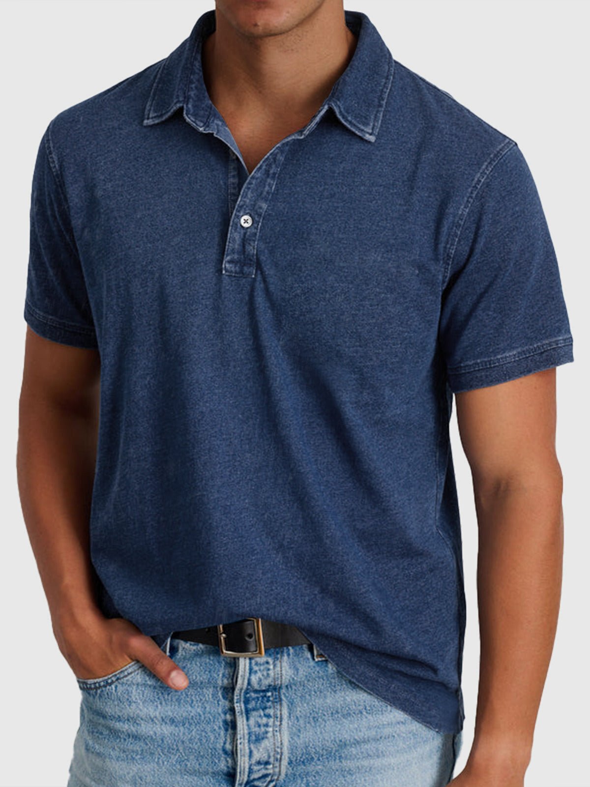 Men's Cotton-Denim Short Sleeve Regular-Fit Polo - Navy Blue