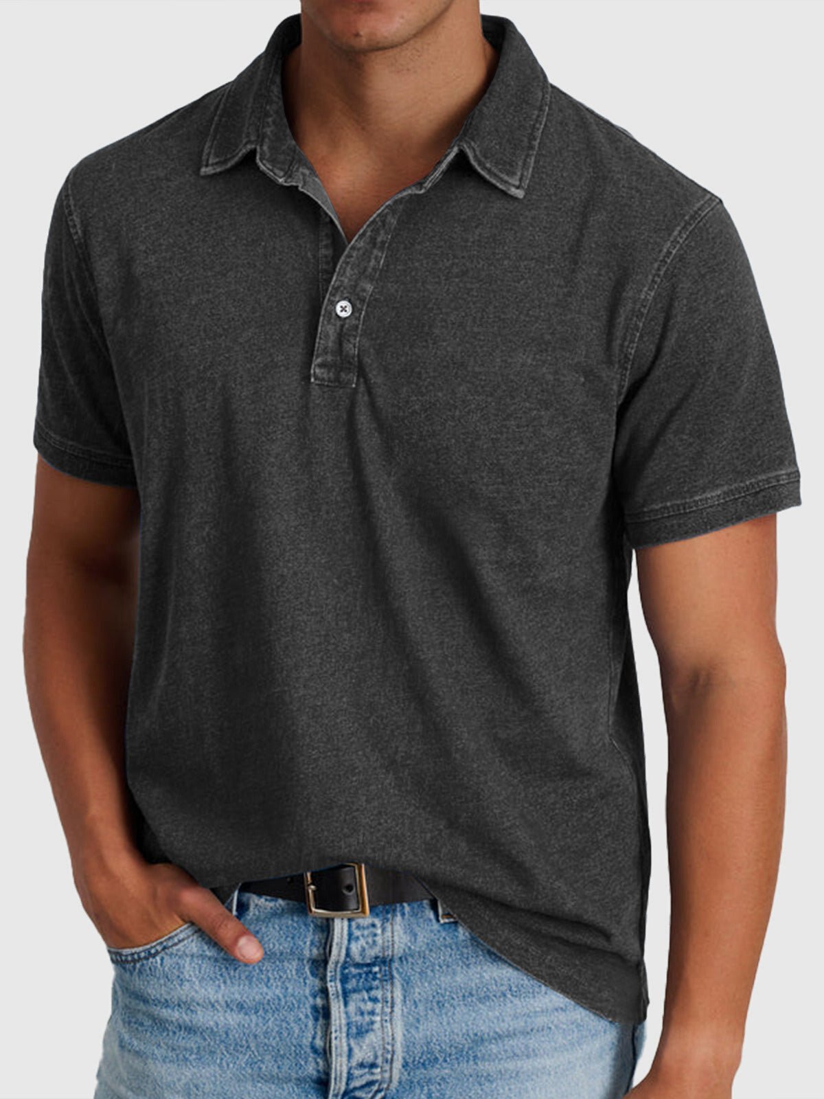 Men's Cotton-Denim Short Sleeve Regular-Fit Polo - Black