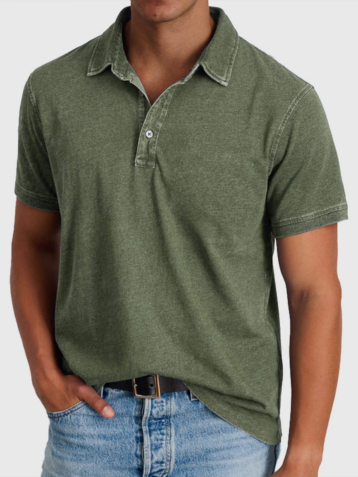 Men's Cotton-Denim Short Sleeve Regular-Fit Polo - Army Green