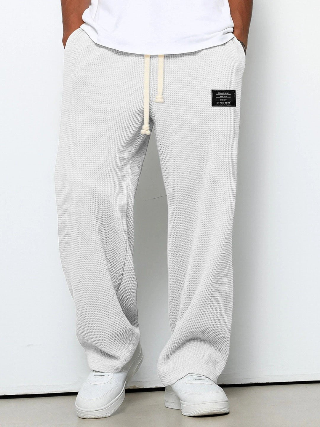 Men's Cotton Drawstring Pants Relaxed Wide Leg Casual - White