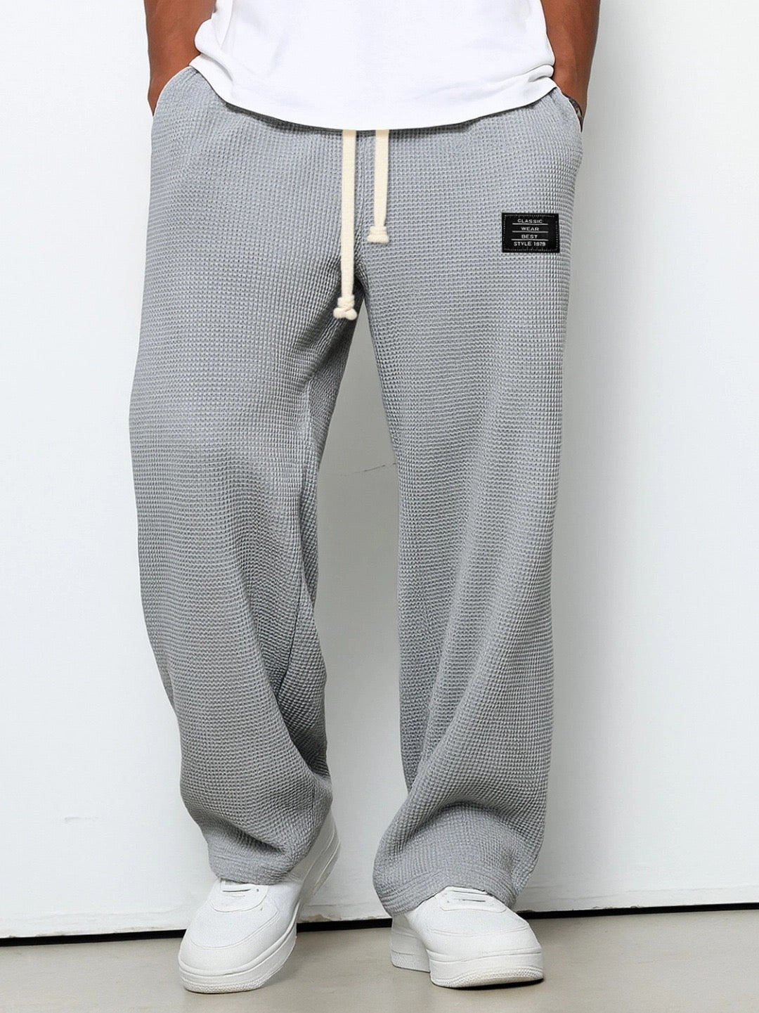 Men's Cotton Drawstring Pants Relaxed Wide Leg Casual - Gray