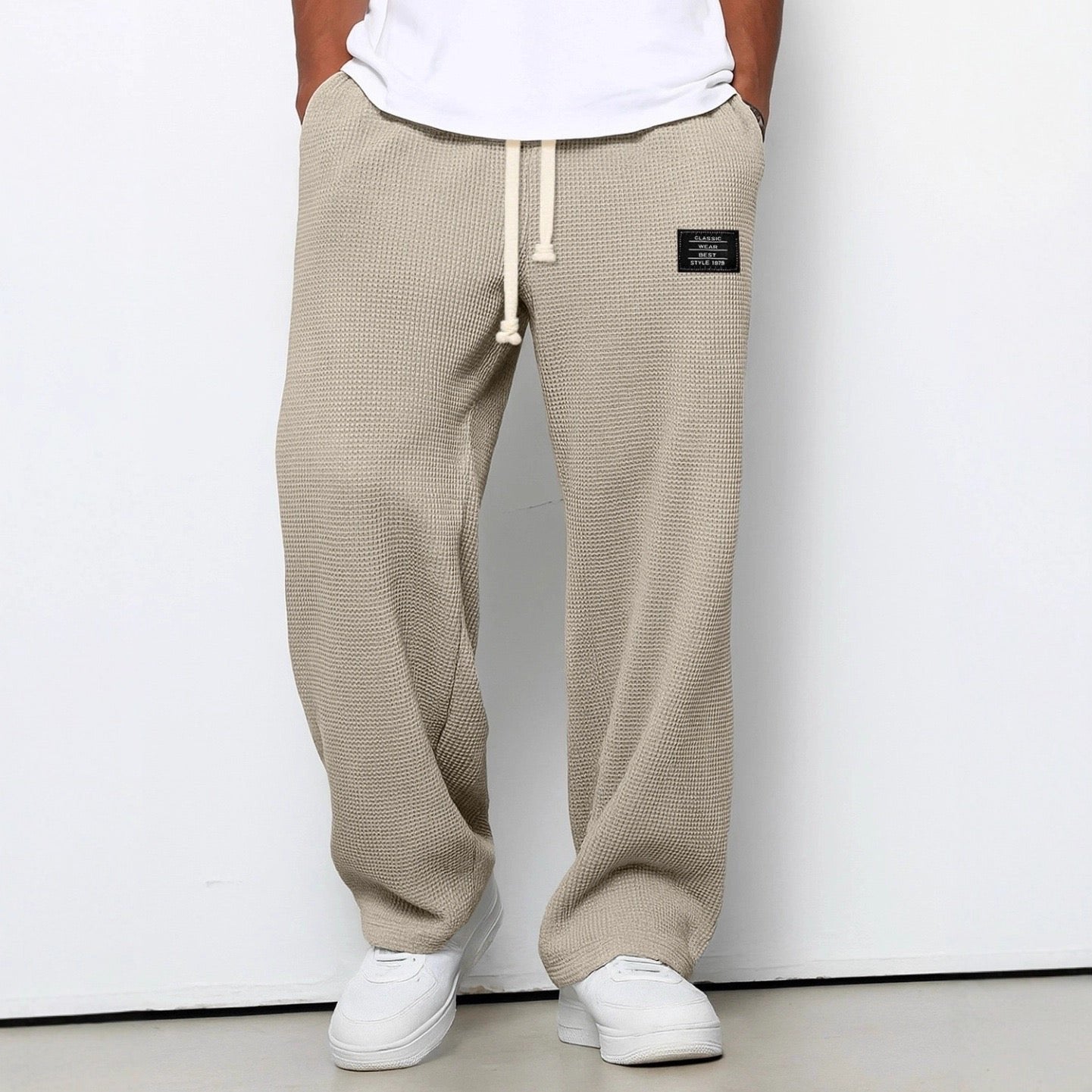 Men's Cotton Drawstring Pants Relaxed Wide Leg Casual - Khaki