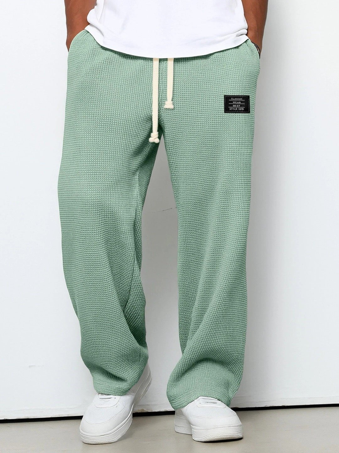 Men's Cotton Drawstring Pants Relaxed Wide Leg Casual - Green
