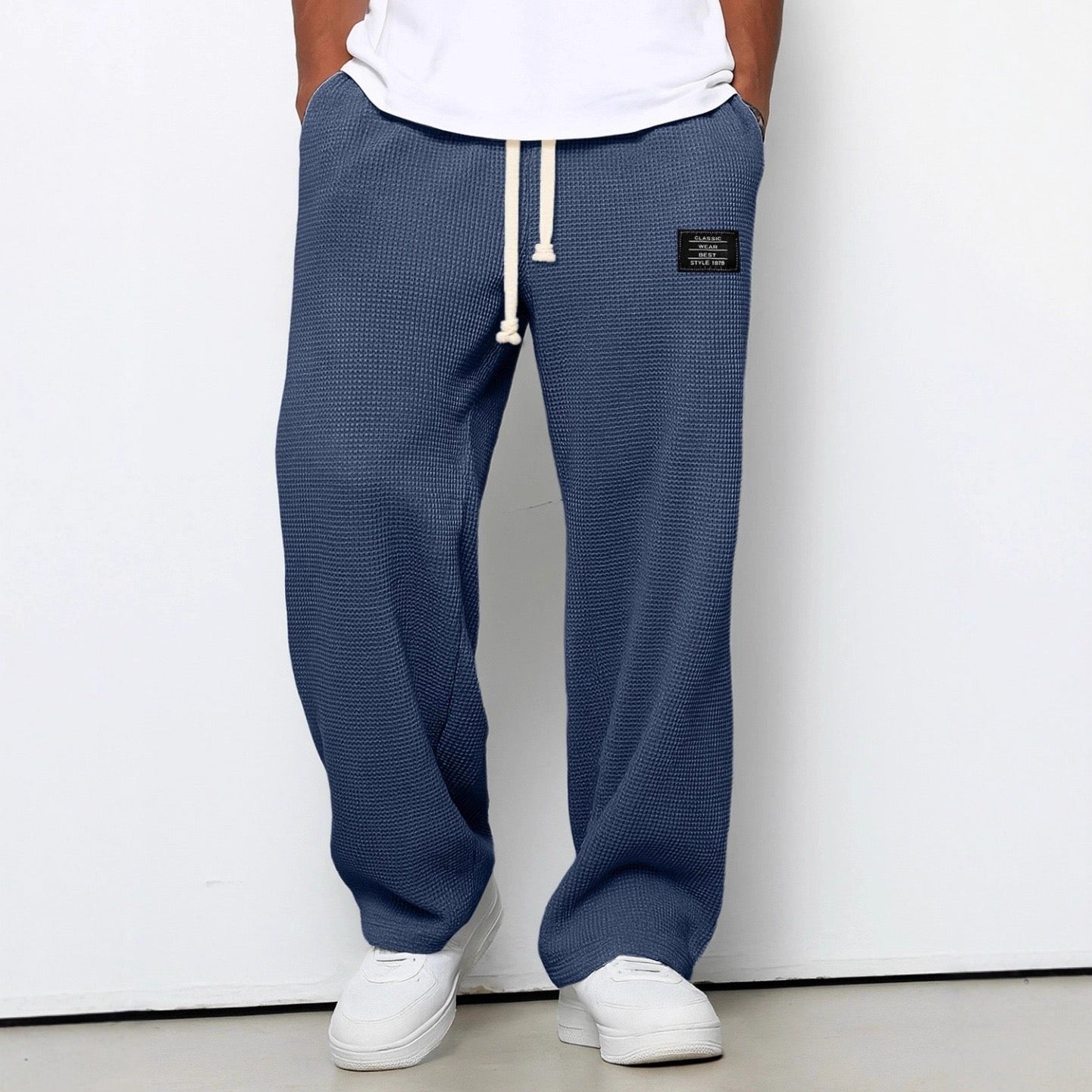 Men's Cotton Drawstring Pants Relaxed Wide Leg Casual - Blue