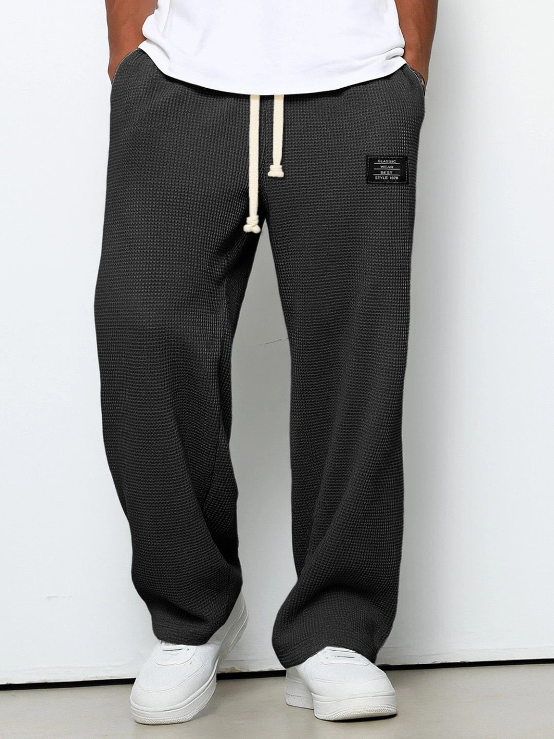 Men's Cotton Drawstring Pants Relaxed Wide Leg Casual - Black