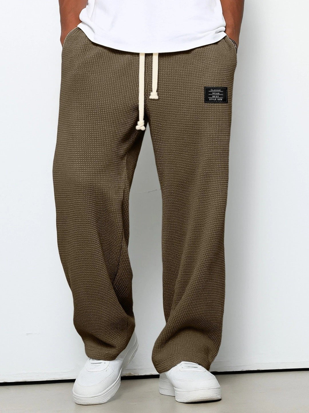 Men's Cotton Drawstring Pants Relaxed Wide Leg Casual - Dark Brown