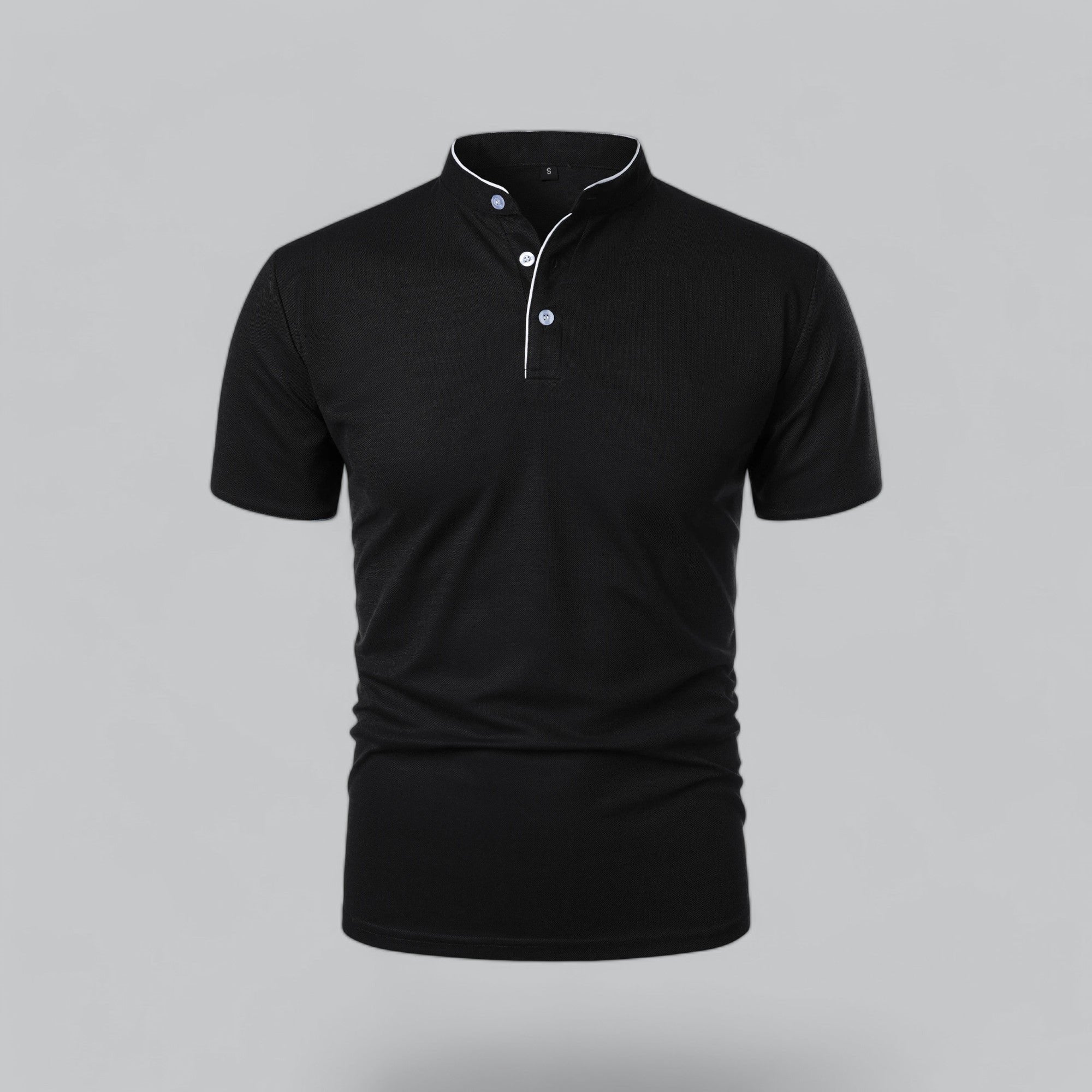 Men's Cotton Mandarin Collar Three-Button Polo Shirt - Black