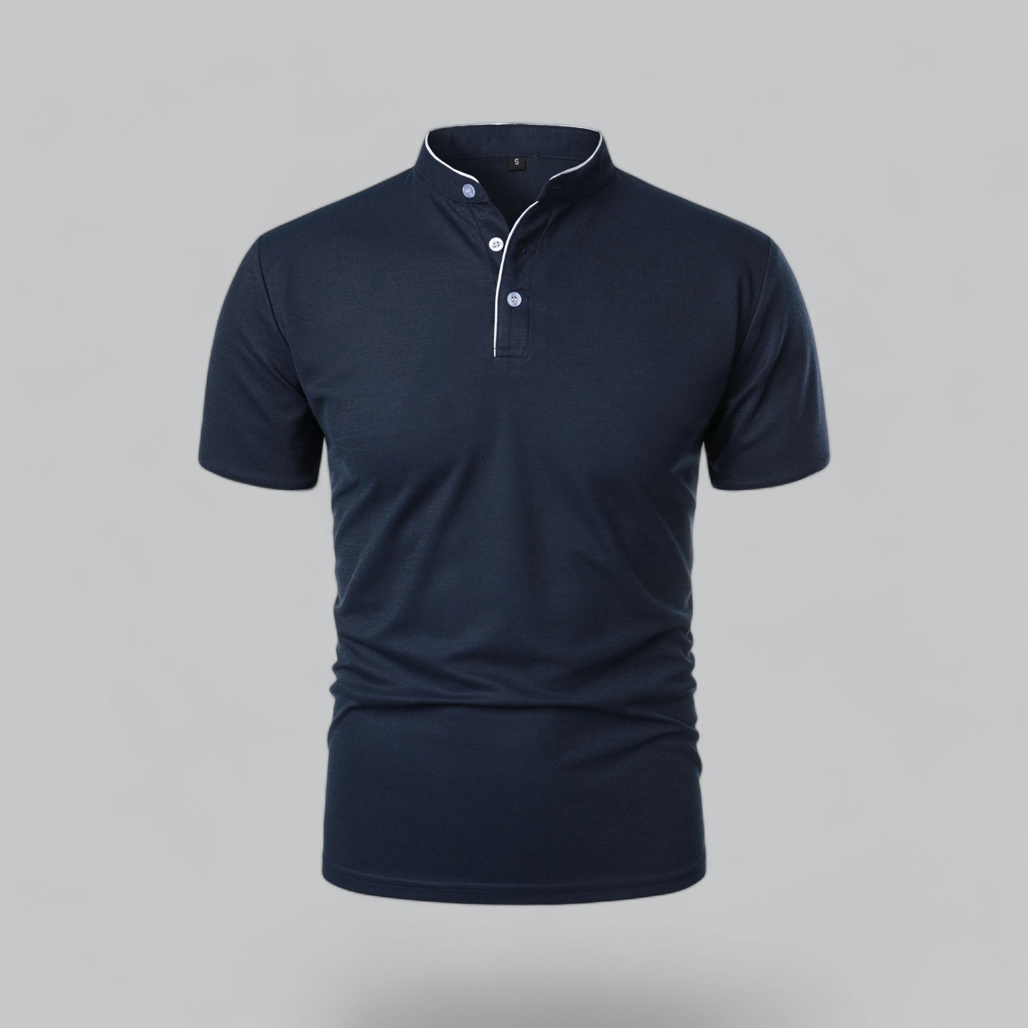 Men's Cotton Mandarin Collar Three-Button Polo Shirt - Navy Blue
