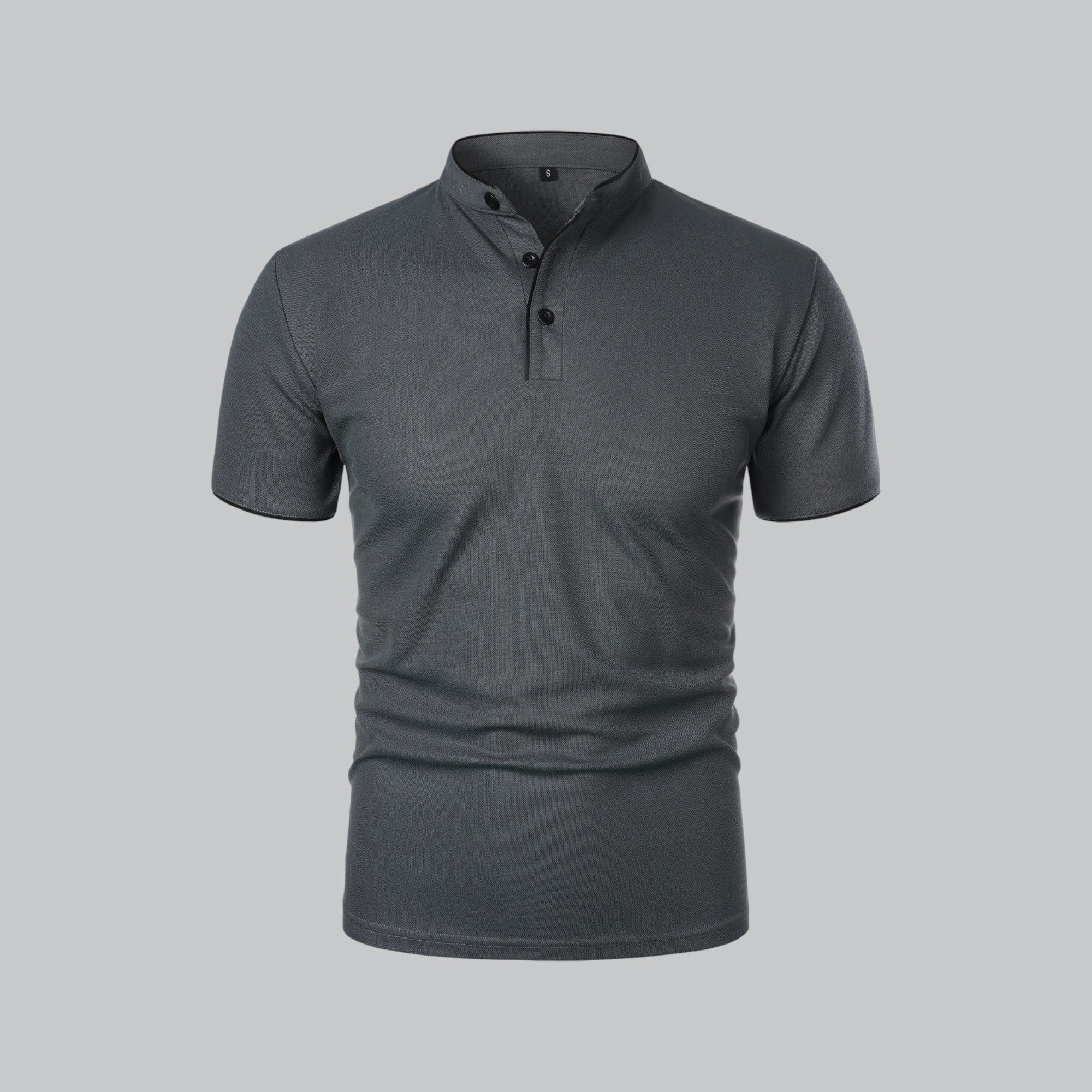 Men's Cotton Mandarin Collar Three-Button Polo Shirt - Dark Grey