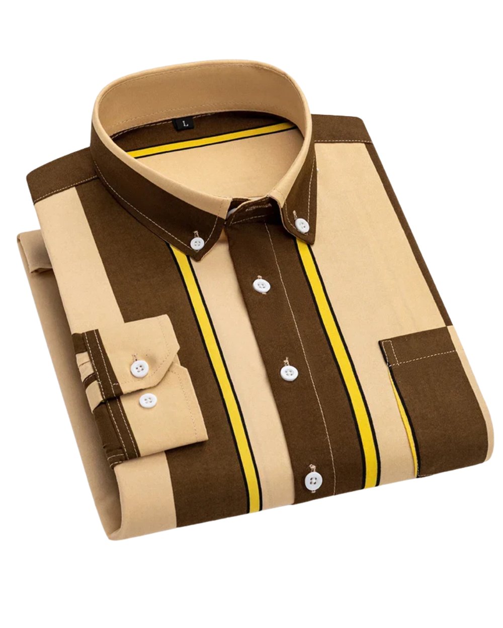 Men's Cotton Shirt Striped Button-Up Long Sleeve - Brown