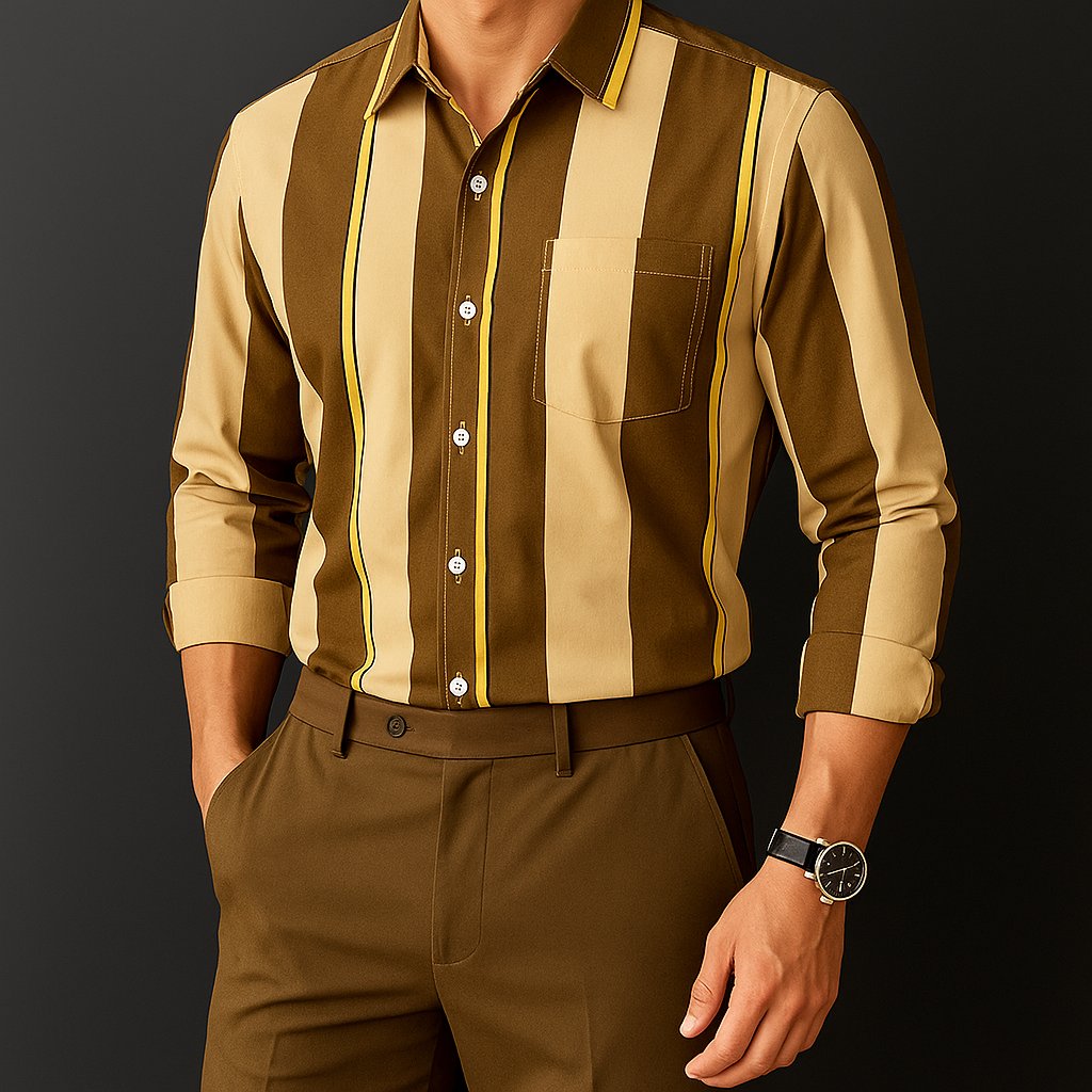 Men's Cotton Shirt Striped Button-Up Long Sleeve