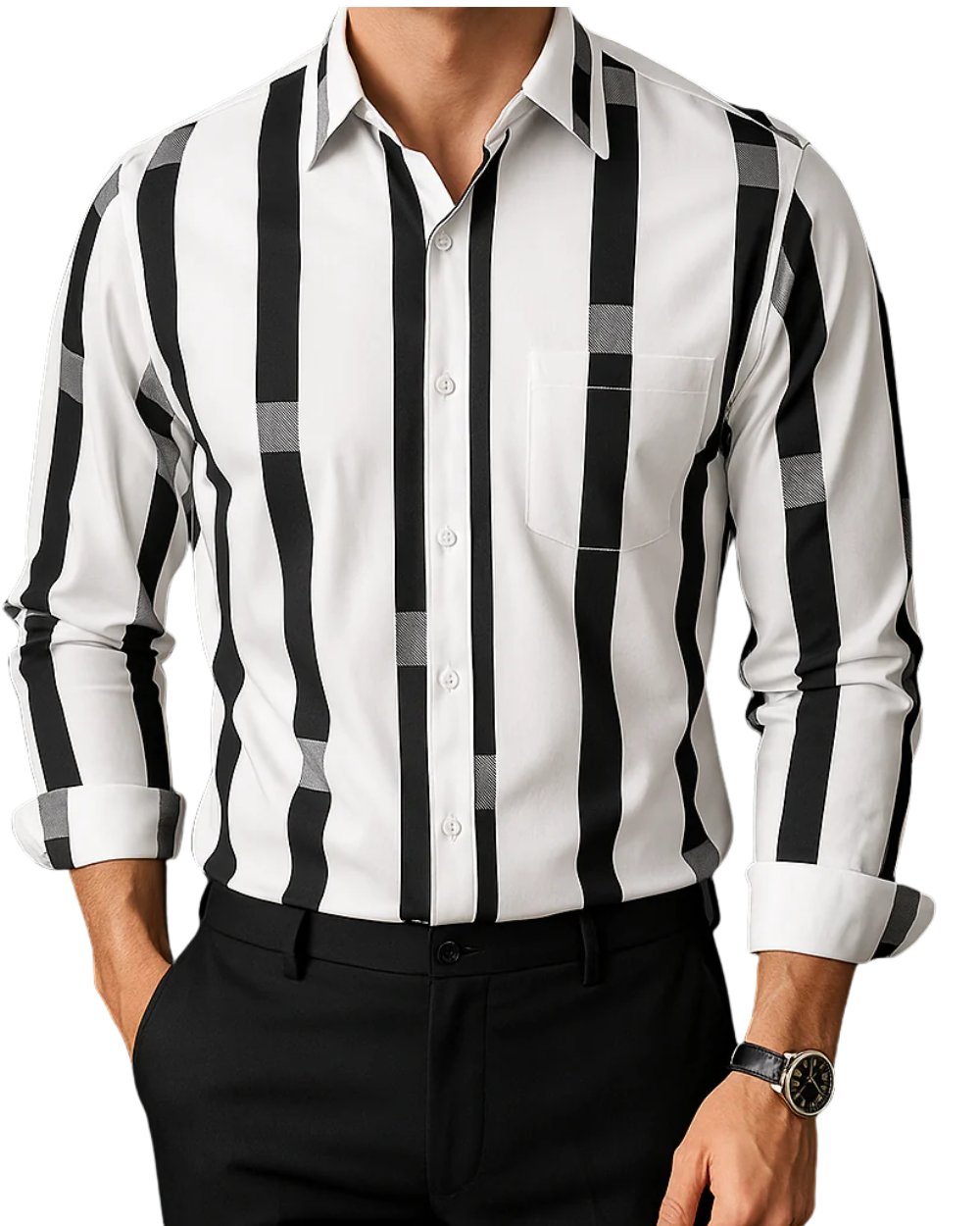 Men's Cotton Shirt Striped Button-Up Long Sleeve