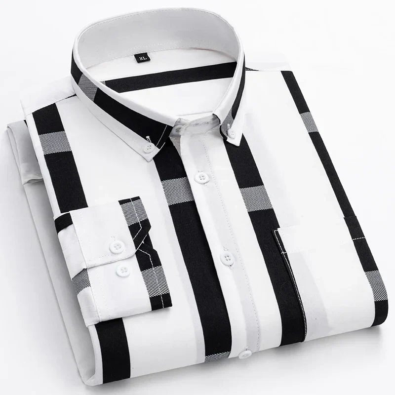 Men's Cotton Shirt Striped Button-Up Long Sleeve - White