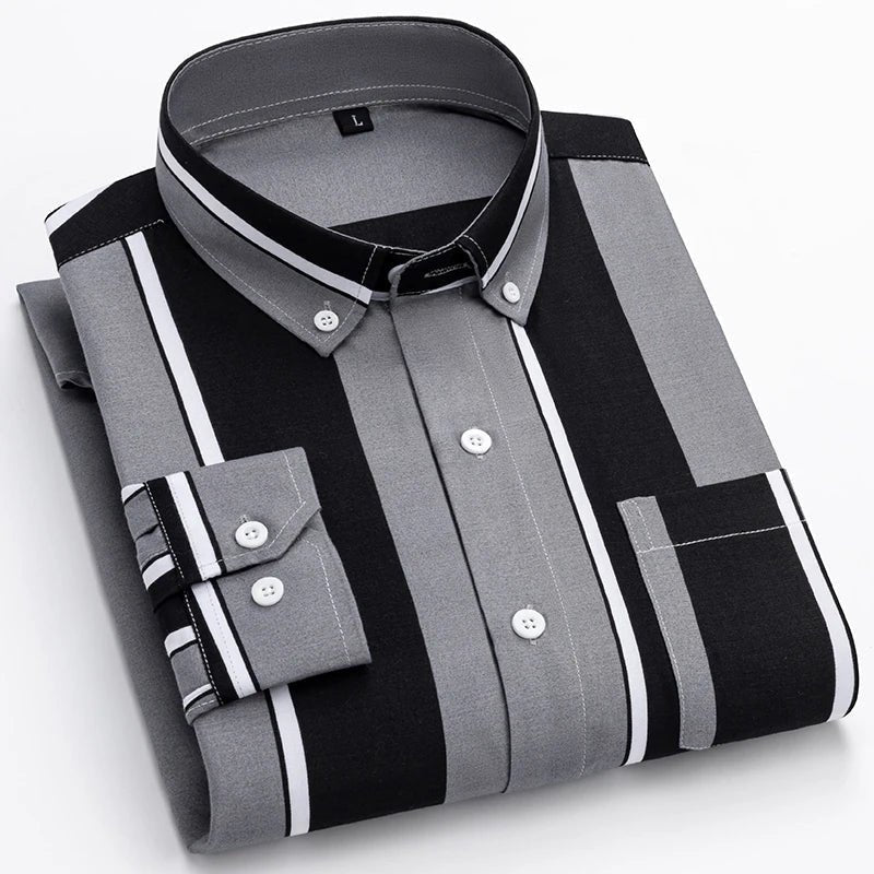 Men's Cotton Shirt Striped Button-Up Long Sleeve - Dark Gray