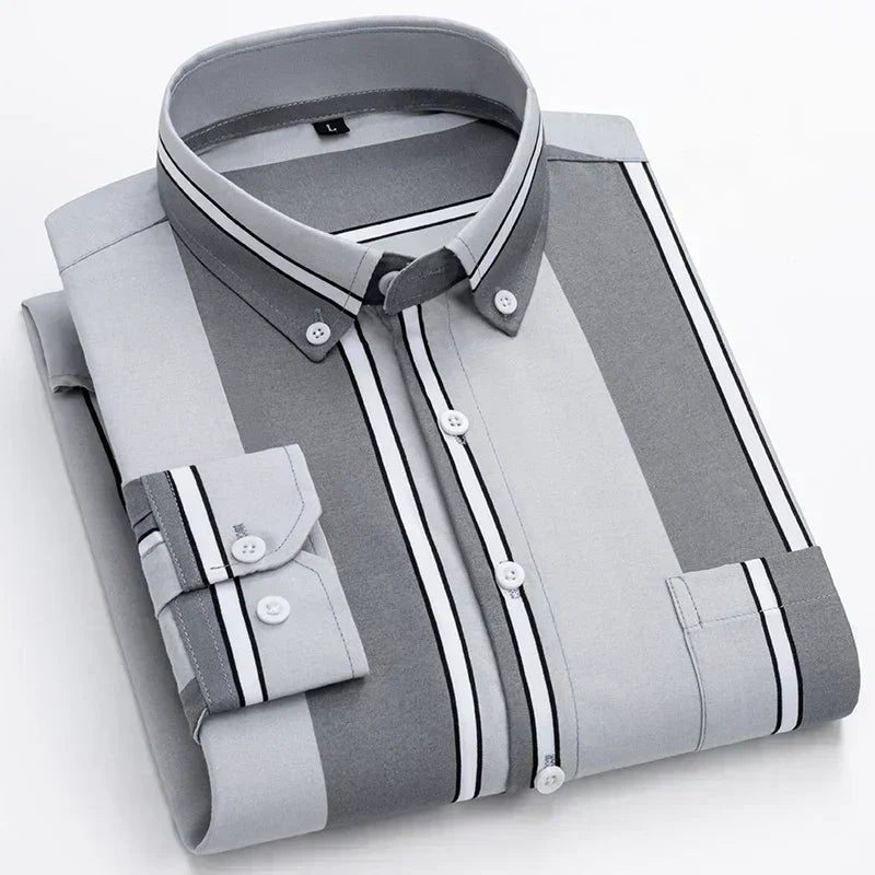 Men's Cotton Shirt Striped Button-Up Long Sleeve - Light Gray
