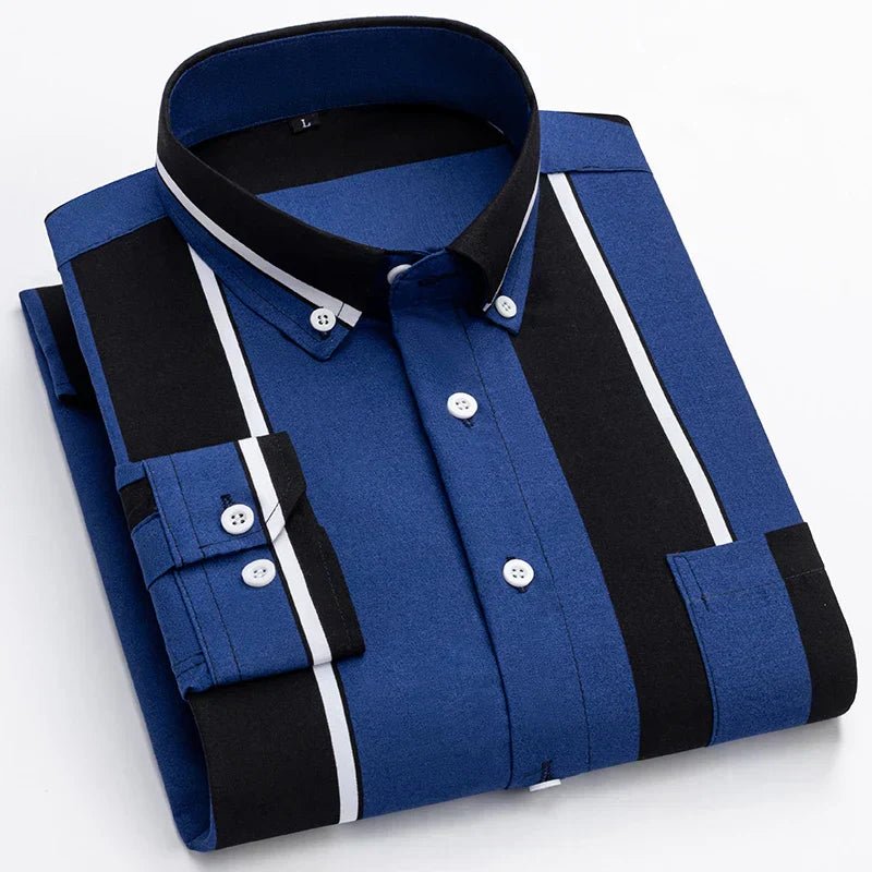 Men's Cotton Shirt Striped Button-Up Long Sleeve - Blue
