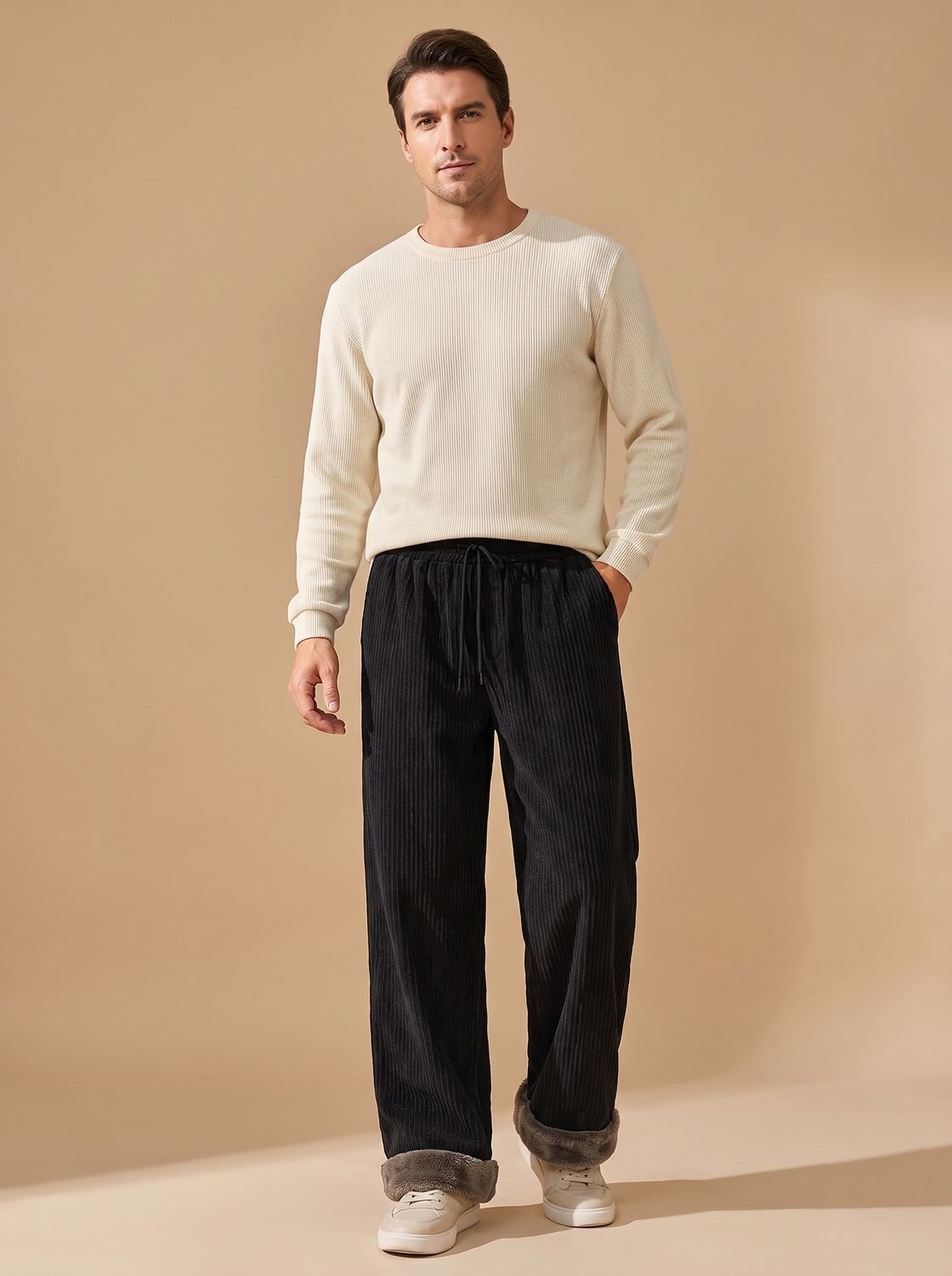 Men's Fleece-Lined Corduroy Wide-Leg Drawstring Pants - Black