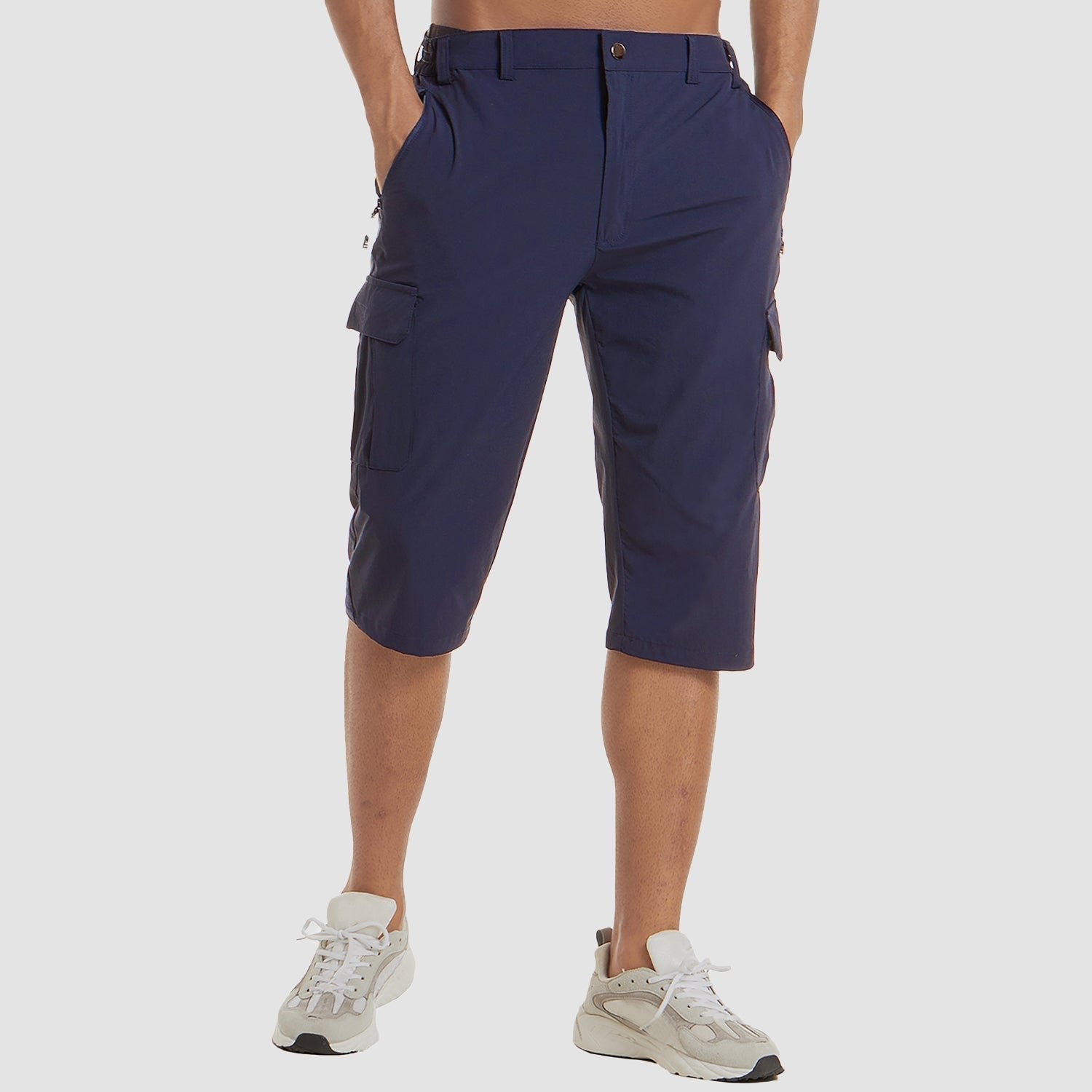 Men's Knee-Length Cargo Shorts with Multiple Pockets - Dark Blue