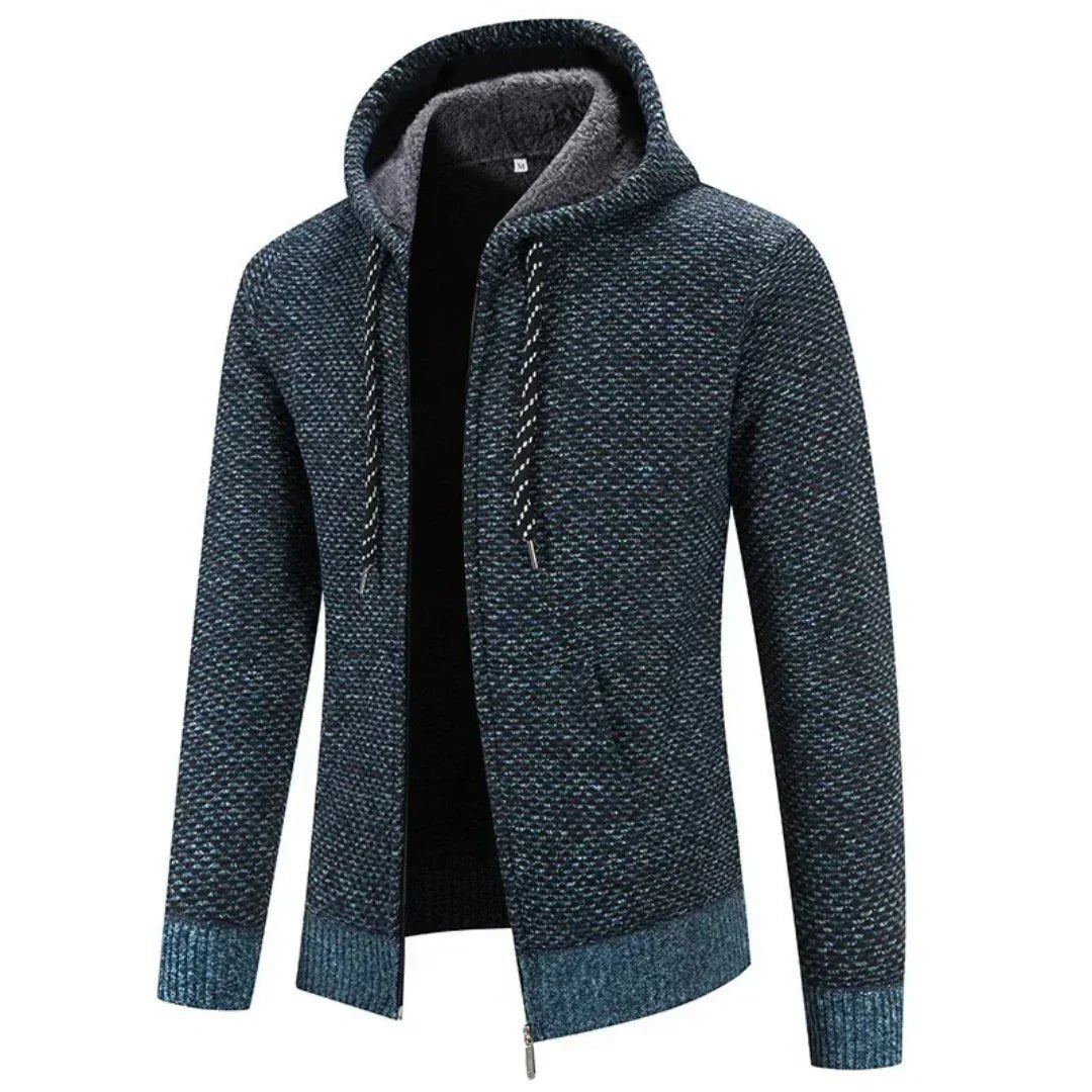Men's Knit Hoodie Zip-Up Textured Casual Jumper - Blue