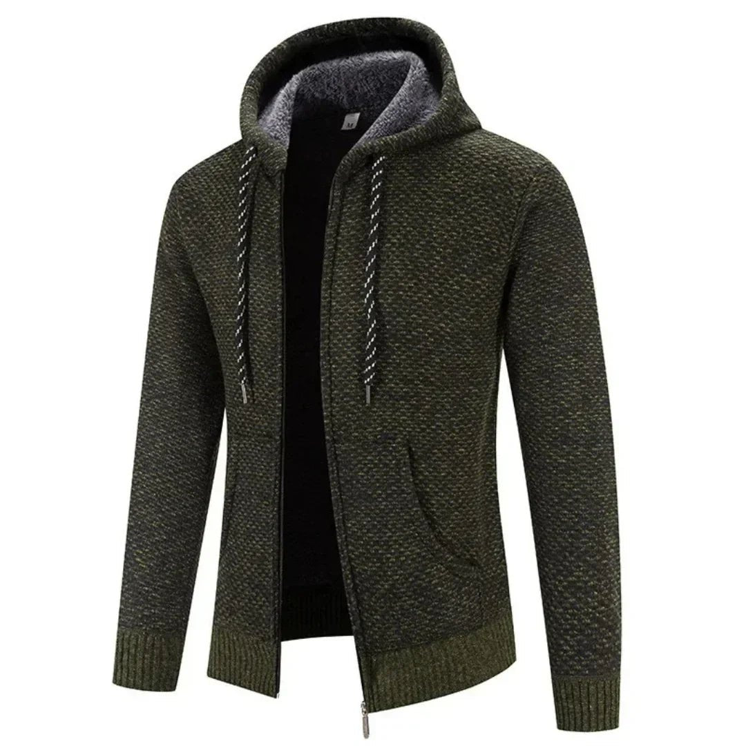 Men's Knit Hoodie Zip-Up Textured Casual Jumper - Green