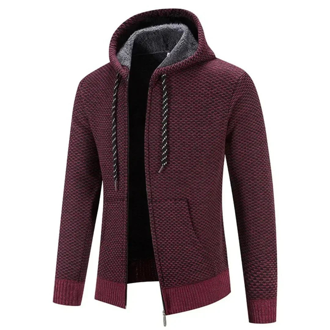 Men's Knit Hoodie Zip-Up Textured Casual Jumper - Red