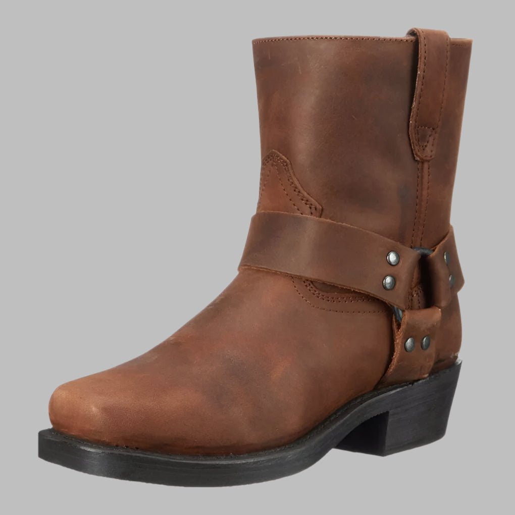 Men's Leather Ankle Boots with Harness Strap Western Style - Dark Brown