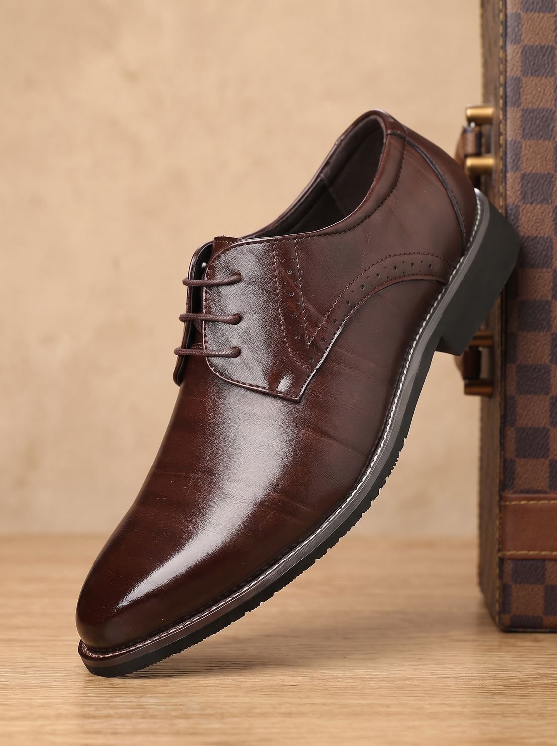 Men's Leather Lace-Up Brogue Oxford Dress Shoes - Brown