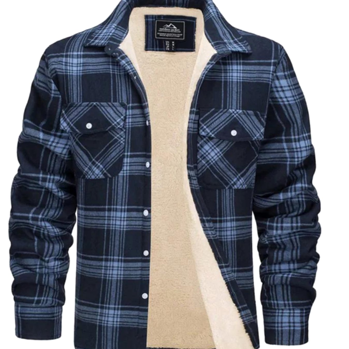 Mens Light Jacket Sherpa Lined Plaid Shirt Jacket - Navy Blue