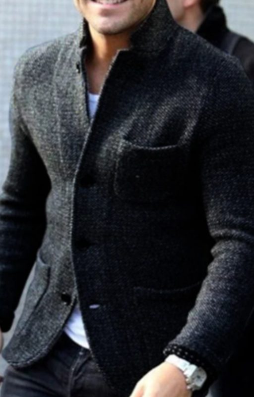 Men's Light Jacket Stand-Collar Button-Down Casual Blazer - Black