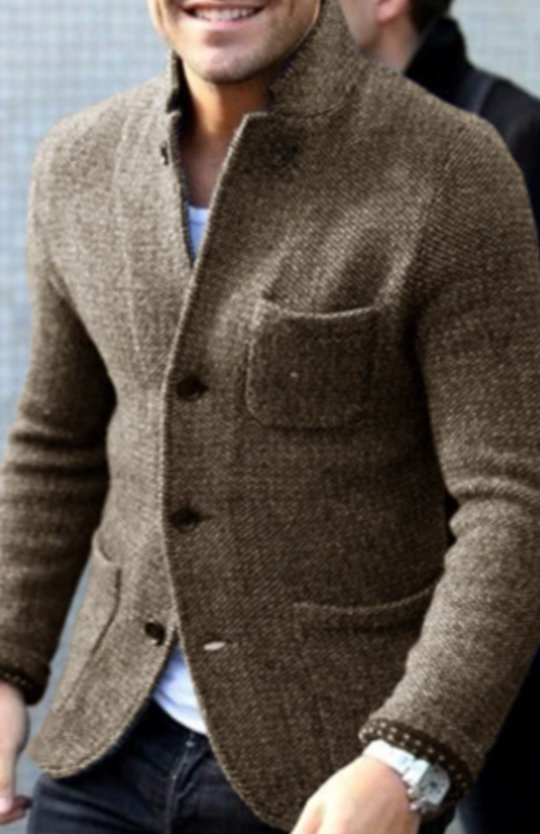 Men's Light Jacket Stand-Collar Button-Down Casual Blazer - Khaki