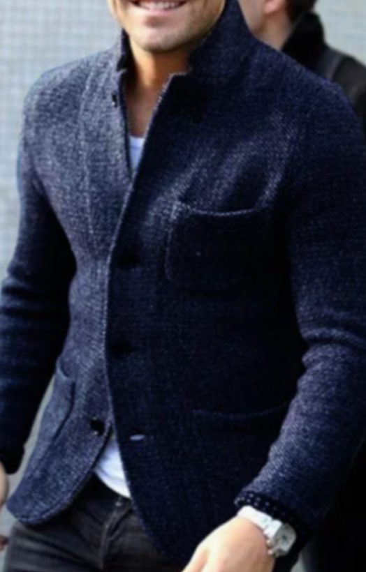 Men's Light Jacket Stand-Collar Button-Down Casual Blazer - Navy Blue